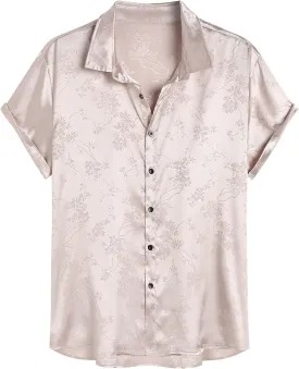 ZAFUL Mens Silky Satin Dress Shirt Short Sleeve Floral Print Jacquard Button Up Shirt Summer Holiday Party Fashion Shirt