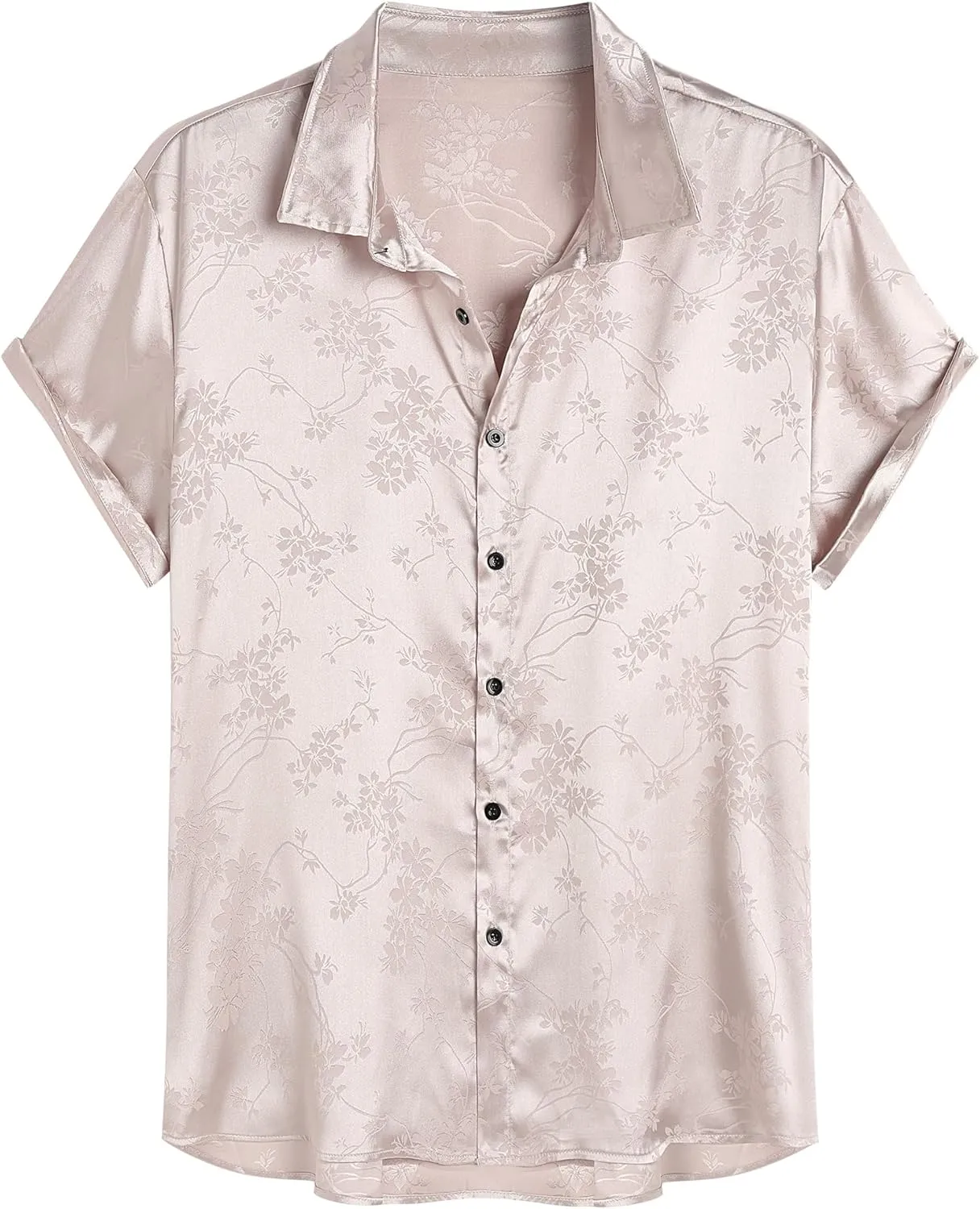 ZAFUL Mens Silky Satin Dress Shirt Short Sleeve Floral Print Jacquard Button Up Shirt Summer Holiday Party Fashion Shirt